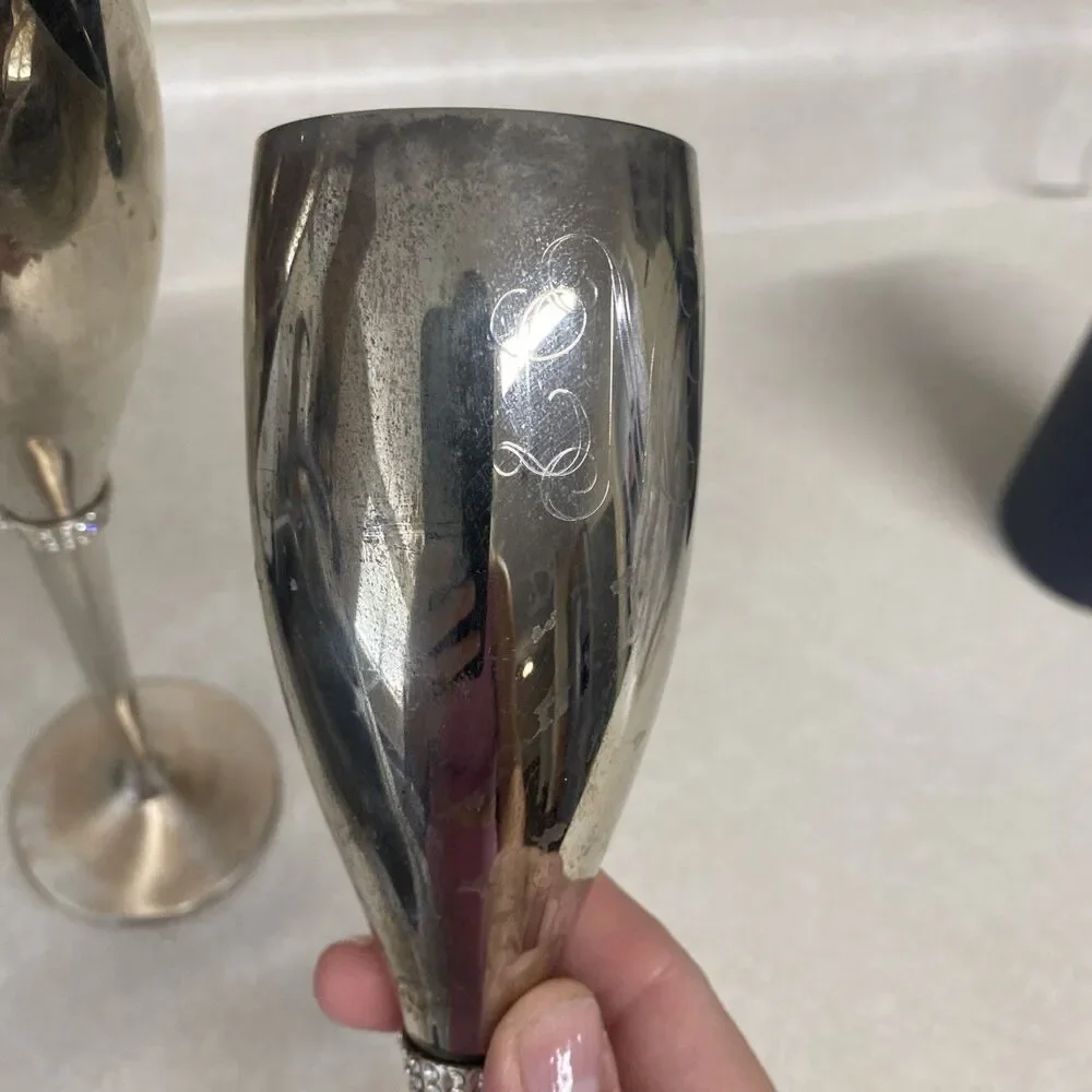 Things Remembered Silver Plated Swarovski Crystal Champagne Toasting Flutes Set